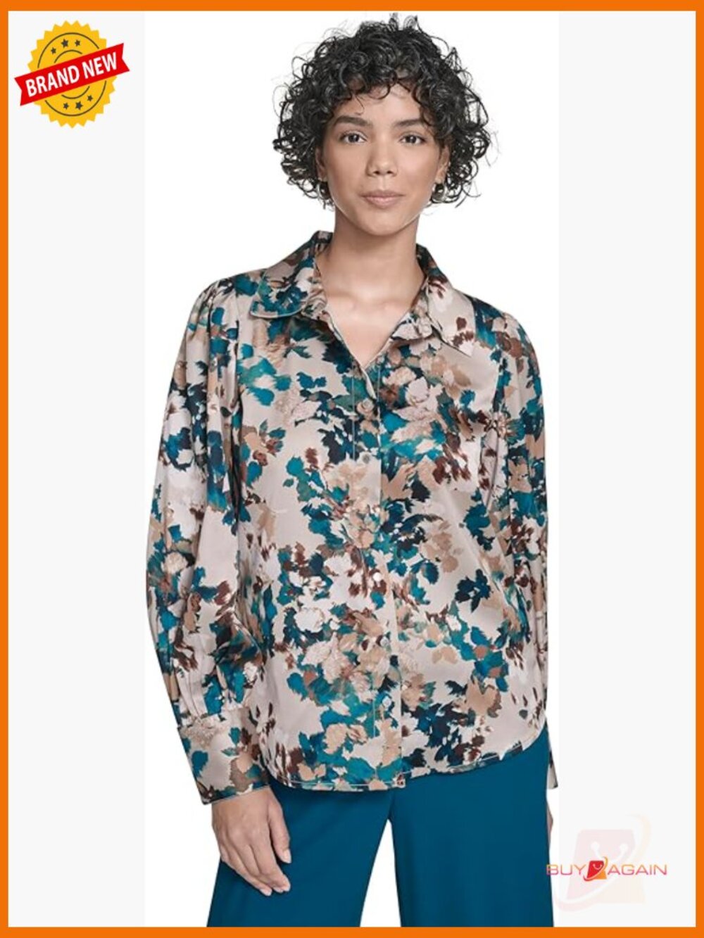 Long Sleeve Button Down Blouse With Lantern Sleeves And Cuffs